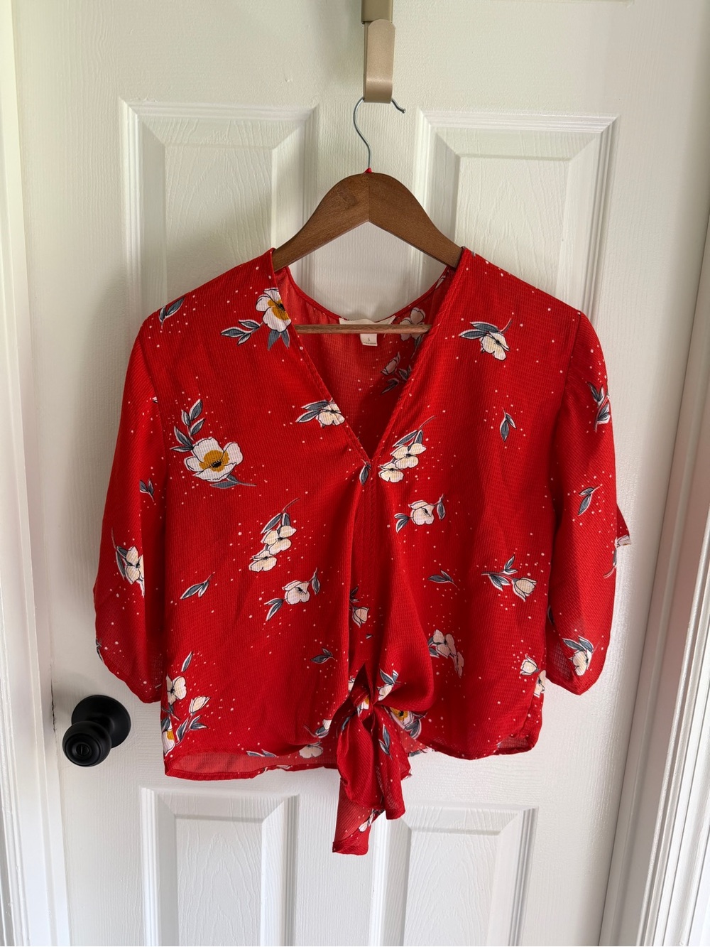 Lovestitch Red Floral Tie-Front Blouse